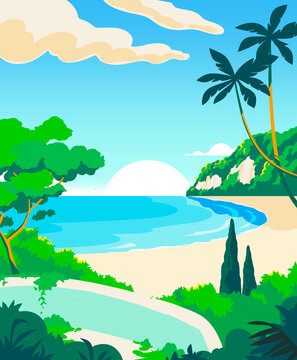 Sunny Landscape Tropical Illustration of Beach with Balcony in the Summer
