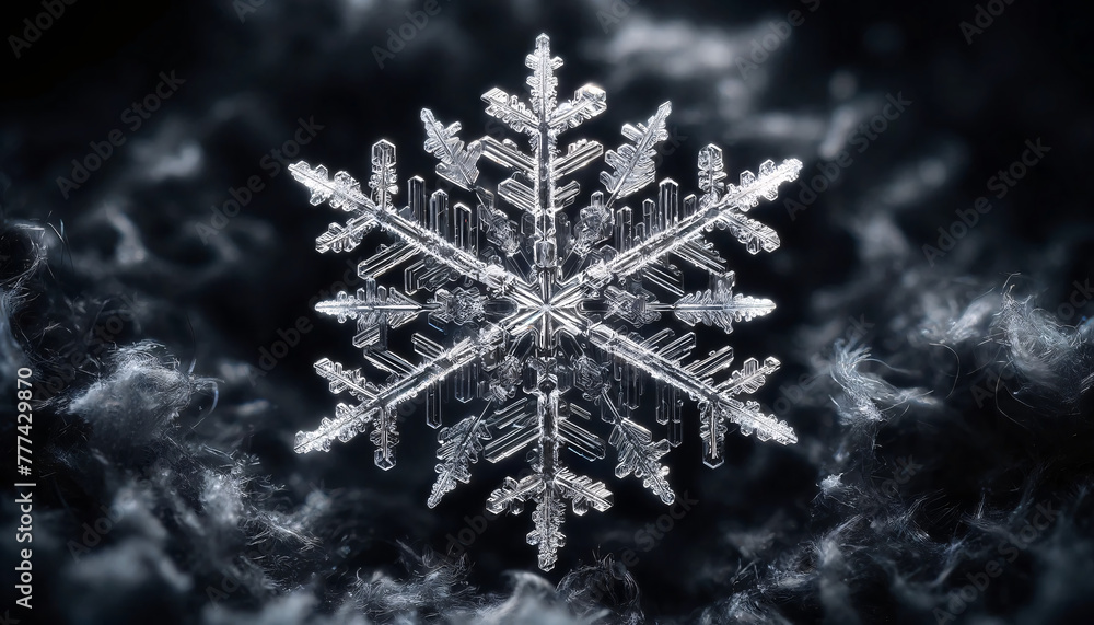 Poster a crystal clear snowflake, captured in a macro photograph. the snowflake is centered and exquisitely