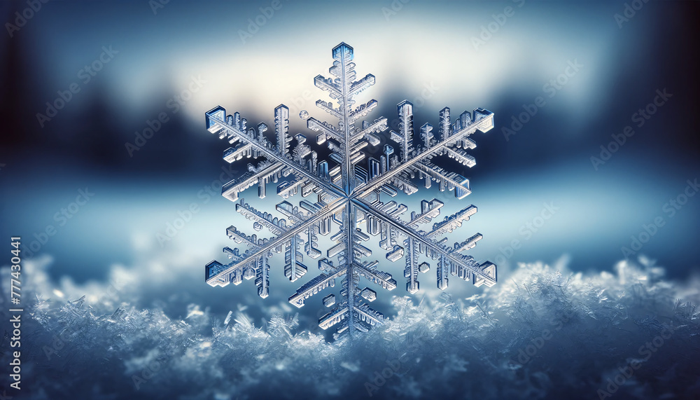 Poster a macro shot of a unique snowflake resting on a bed of snow. the snowflake is the central focus