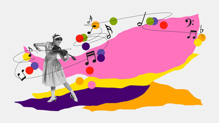 Monochrome image of tender young girl playing violin on white background with abstract colorful elements. Contemporary art collage. Concept of music festival, creativity, inspiration, event. Poster
