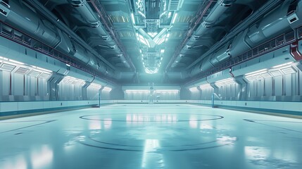 a futuristic, sci-fi-inspired depiction of an isolated ice hockey rink with advanced lighting...
