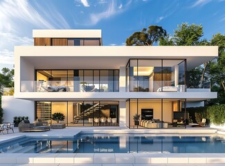 Modern white mansion with pool and terrace, blue sky background