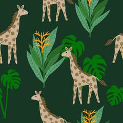 Seamless giraffe pattern with montera and heliconia on green background, used for wallpaper, textiles and prints.
