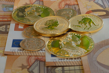 Gold coins with the EURO banknotes in background.