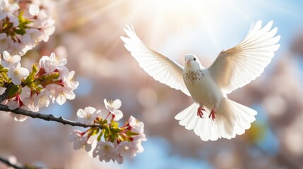 White dove gracefully flying in sunlight with beautiful sakura trees in the background