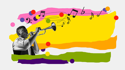 Monochrome image of male musician playing trumpet on white background with abstract colorful...