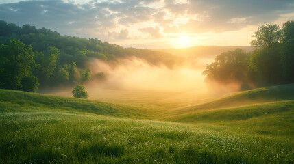 Early Morning Serenity beauty of a summer landscape with a lawn 