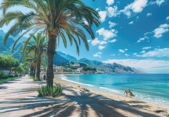 Palm Trees on the seaside with a beautiful view, scenic, created with AI