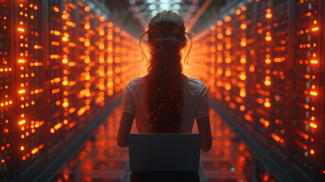 3D Graphics Concept: Big Data Center Female Chief Technology Officer Using Laptop Standing In Warehouse, Activates Servers, Information Digitalization Starts. SAAS, Cloud Computing, Web Service. - Powered by Adobe