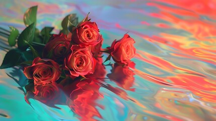 an AI-generated image that highlights the elegance of a bouquet of red roses, isolated and placed on a vibrant and colorful surface attractive look