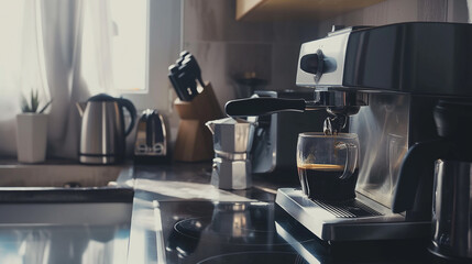 Coffee maker making an expresso coffee in a kitchen. cafe or bar kitchen.  - obrazy, fototapety, plakaty