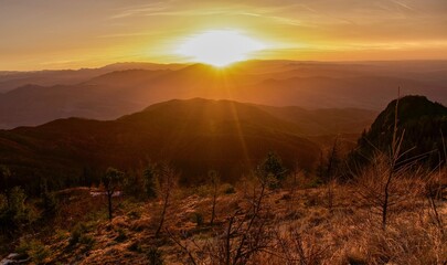 sunrise in the mountains, Cozia Mountains, Romania  - obrazy, fototapety, plakaty
