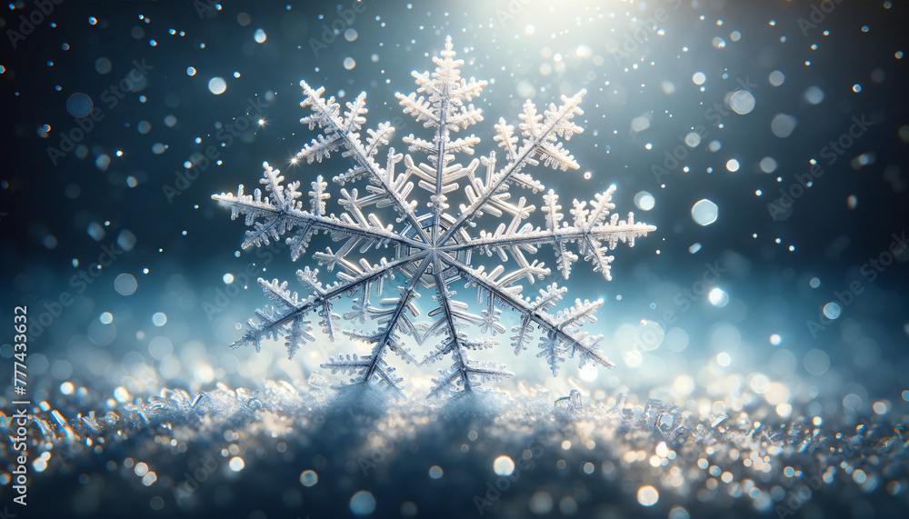 Poster a detailed image that centers on a single snowflake with elaborate and delicate branches, lying atop