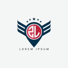 Alphabet letter ZL LZ logo location shape concept with wings ornament silhouette