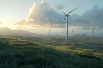 rows of majestic wind turbines generate clean energy on the horizon