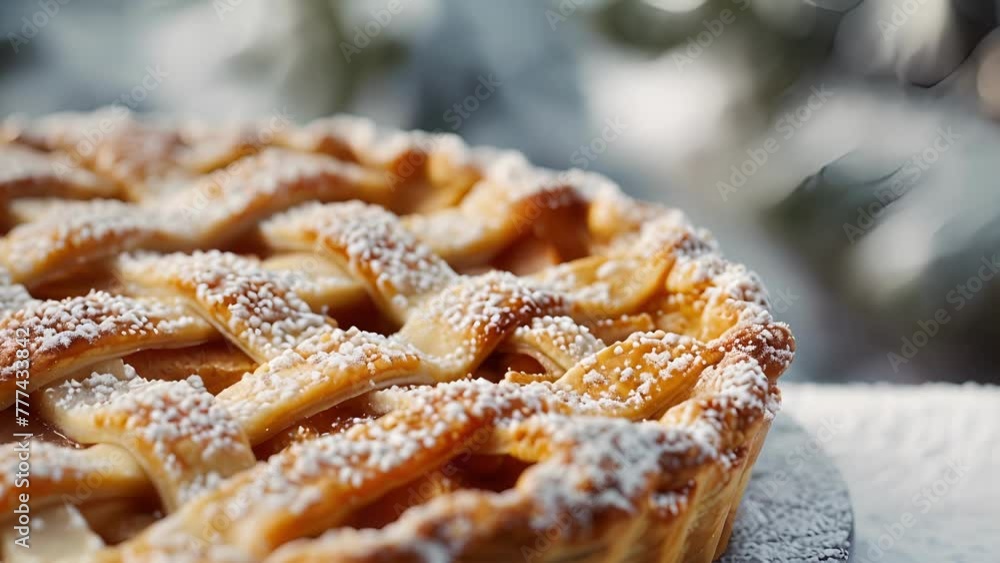 Poster a closeup of a homemade apple pie with a lattice crust and a sprinkle of powdered sugar ready to be 