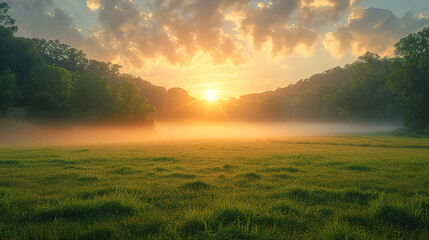 Naklejka na ściany i meble Early Morning Serenity beauty of a summer landscape with a lawn 