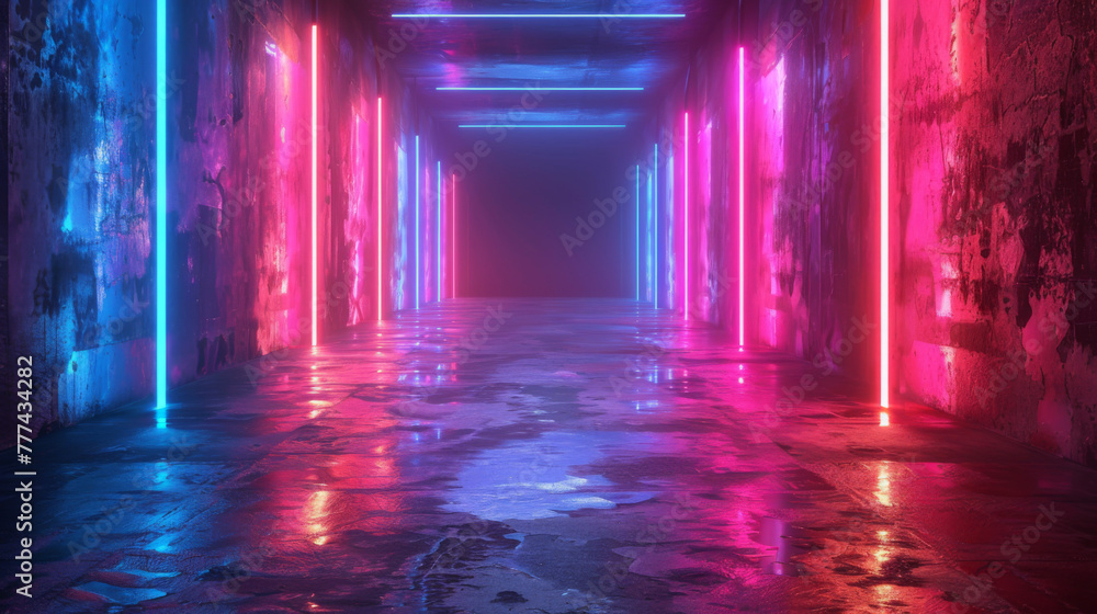 Poster 3d illustration. illuminated dark concrete surface surrounded by modern neon colour lights. computer