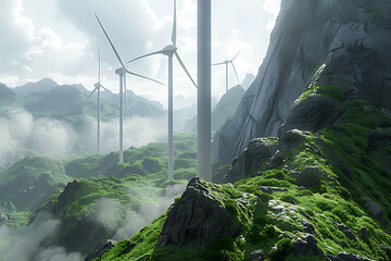 rows of majestic wind turbines generate clean energy on the horizon - obrazy, fototapety, plakaty