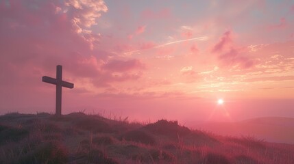 A lone cross stands on a hilltop, silhouetted against a stunning sunset with hues of pink and orange across the sky.