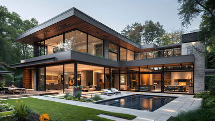 Fototapeta premium Brazilian house with modern architecture, with glass, swimming pool and outdoor environment