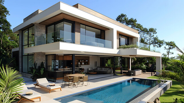 Brazilian house with modern architecture, with glass, swimming pool and outdoor environment