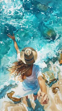 Watercolor illustration of a happy young girl taking a selfie against the sea background