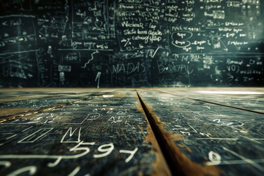 A blackboard covered with sophisticated mathematical formulas written in chalk
