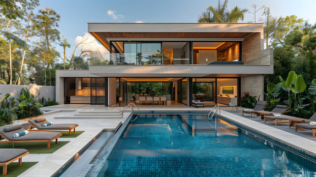 Brazilian house with modern architecture, with glass, swimming pool and outdoor environment