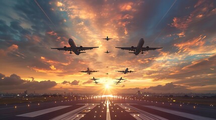 a high-energy scene of an airshow performance, featuring multiple aircraft in synchronized flight above an airport runway attractive look - obrazy, fototapety, plakaty