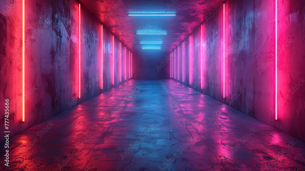 Poster 3d illustration. illuminated dark concrete surface surrounded by modern neon colour lights. computer