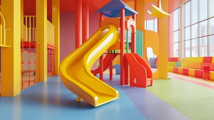 a lively AI image portraying a modern indoor children's playground with a colorful slide, situated...