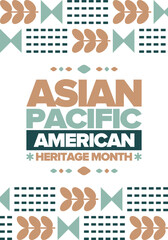 Asian Pacific American Heritage Month in May. Сelebrates the culture, traditions and history of Asian Americans and Pacific Islanders in United States. Vector poster. Illustration with east pattern