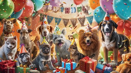 A birthday party scene with various animals wearing party hats, surrounded by balloons, gifts, and a large birthday banner. - Powered by Adobe