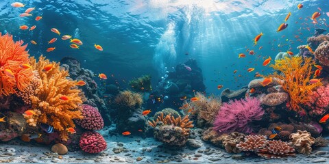 Underwater coral reefs with colorful fish swimming around, scenic view, created with AI