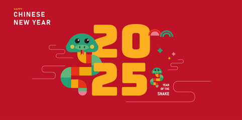 Chinese New Year 2025 modern art design for branding cover, card, poster, website banner. Chinese zodiac Snake symbol. Hieroglyphics mean wishes of a Happy New Year and symbol Year of the Snake