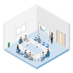 会社の会議室でミーティングをしているアイソメトリックイラスト