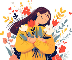 Peaceful woman holding bouquet of flowers in hands. Spring or summer season. Flat vector illustration.