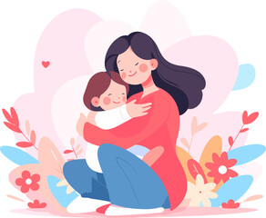 A heartwarming illustration of a mother hugging her child. Happy mothers international day holiday. Flat vector illustration.