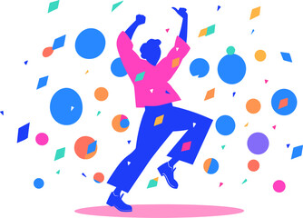 A man dancing energetically with colorful confetti flying around. Celebration, happiness. Flat vector illustration.