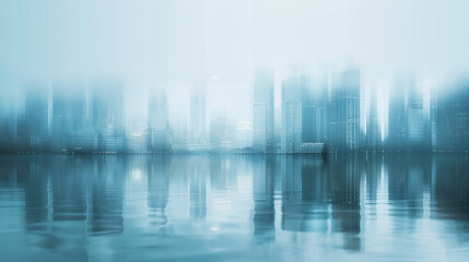 A blurred photograph of an urban skyline, with the focus on reflections in water and glass buildings.
