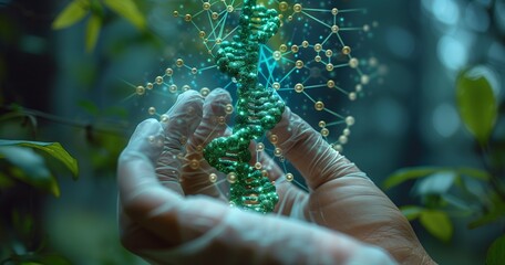 The person is holding a green DNA strand, possibly from a plant like a terrestrial plant, tree, or grass. It could also be from marine biology or a reptile living in a jungle or underwater