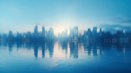 Fototapeta premium Abstract blurry blue cityscape background, blurred abstract city skyline, blurred urban reflection in water surface.