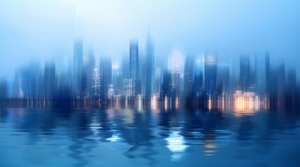 Abstract blurry blue cityscape background, blurred abstract city skyline, blurred urban reflection in water surface.
