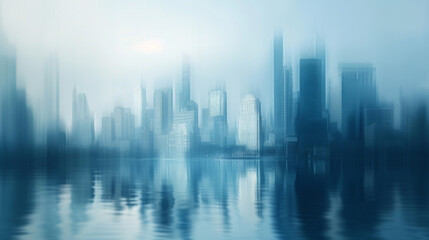 Abstract blurry blue cityscape background, blurred city landscape with skyscrapers and buildings.