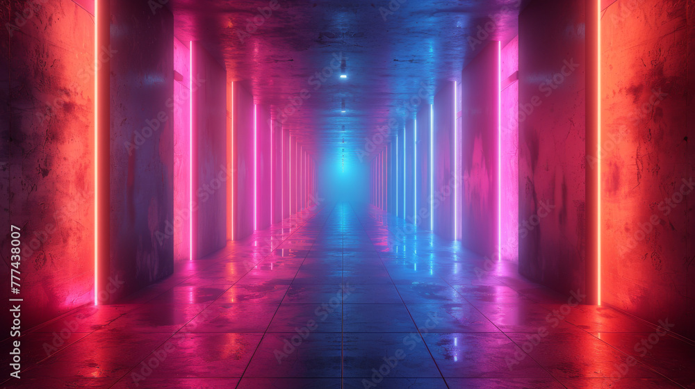 Poster 3d illustration. illuminated dark concrete surface surrounded by modern neon colour lights. computer
