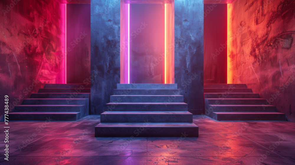 Poster 3d illustration. illuminated dark concrete surface surrounded by modern neon colour lights. computer