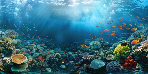 Fototapeta na wymiar Underwater coral reefs with colorful fish swimming around, scenic view, created with AI