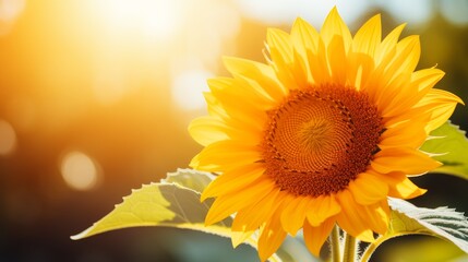 Fototapeta premium Summer banner with sunflower in blurred nature background for horizontal agriculture promotion