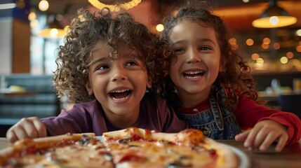 two children sitting at a table with a pizza in front of them - 777438892